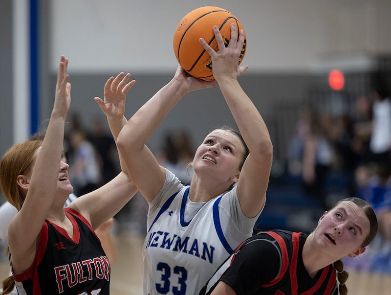 Newman’s Veronica Haley works below the basket against Fulton Tuesday, Nov. 25, 2025.