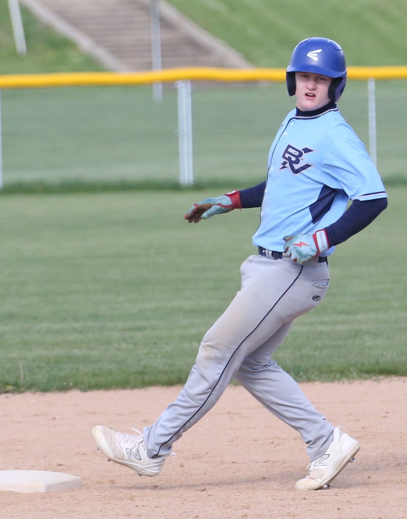 Bureau Valley's Elijah Endress steals second base while St. Bede's Gus Burr on Monday, May 1, 2023 at St. Bede Academy.