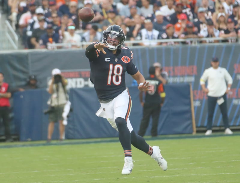 Chicago Bears quarterback Caleb Williams slings a pass down the field against the Dallas Cowboys on Sunday, Sept. 21, 2025 at Soldier Field.