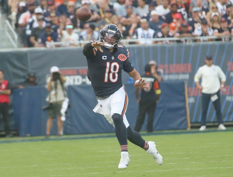 Chicago Bears quarterback Caleb Williams slings a pass down the field against the Dallas Cowboys on Sunday, Sept. 21, 2025 at Soldier Field.