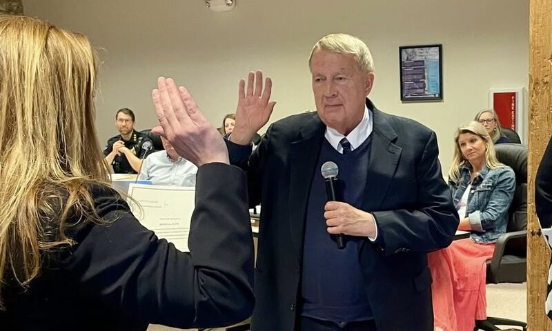 Batavia Mayor Jeffery Schielke takes the oath of office for the 12th time in Batavia, administered by Kane County State's Attorney Jamie Mosser at the May 5, 2025, City Council meeting at City Hall.