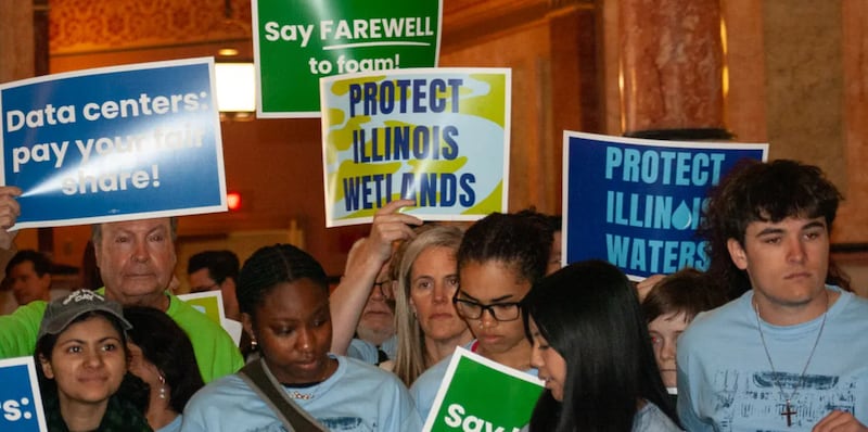 Advocates rally for greater data center regulations at the Capitol in April 2026. Ultimately, lawmakers adjourned their spring session without taking action on the bill known as the POWER Act.