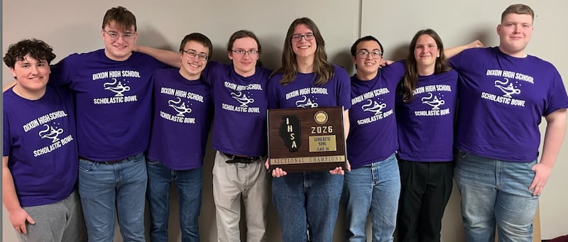 The Dixon Dukes Scholastic Bowl Team defeated Rockford Auburn in the final of the Auburn sectional to advance to the IHSA state championship. Pictured are Gage Farster, James Cocar, Jeremiah Frye, Nathan Stauter, Ronin Quick, Sebastian Seibel, Aaron Fitzanko, and Brady Rosinski. This is the first time a Dixon High School team has advanced to scholastic bowl state. The team plays Saturday in Bloomington
