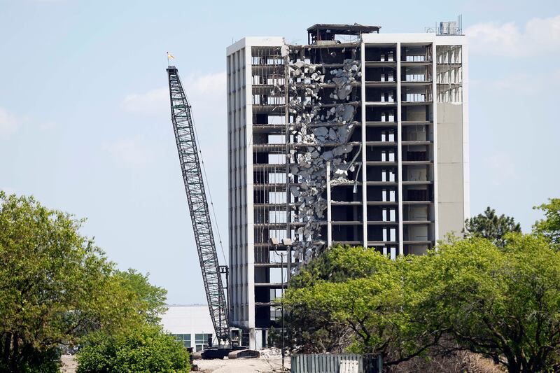 Demolition work started Friday, May 17, 2024 to bring down the last of the remaining structures at the shuttered Pheasant Run Resort in St. Charles. A 90-foot crane has sat on the west side of the tower for months after a DuPage County judge in November signed off on demolition work, estimated to cost $2.43 million. The owner of the property is paying for the demolition.
