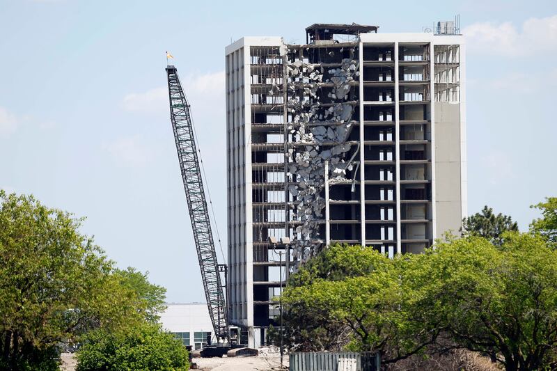 Demolition work started Friday, May 17, 2024 to bring down the last of the remaining structures at the shuttered Pheasant Run Resort in St. Charles. A 90-foot crane has sat on the west side of the tower for months after a DuPage County judge in November signed off on demolition work, estimated to cost $2.43 million. The owner of the property is paying for the demolition.