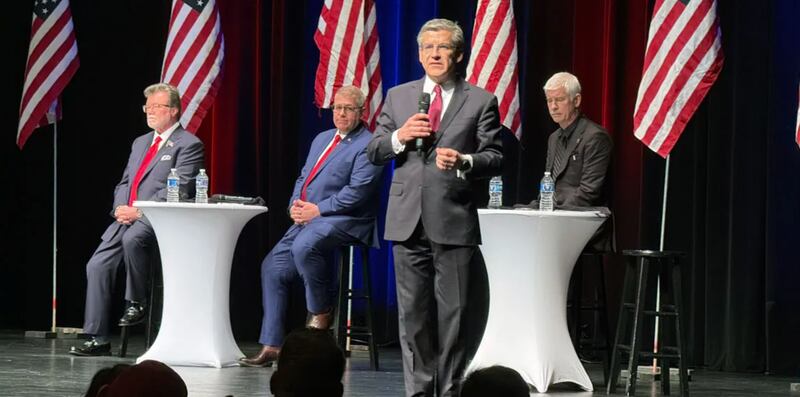 Ted Dabrowski pitches his candidacy for governor as his primary opponents - video gambling mogul Rick Heidner, former state Sen. Darren Bailey and DuPage County Sheriff James Mendrick listen during a forum sponsored by the Tazewell County Republican Party on Jan. 15, 2026.