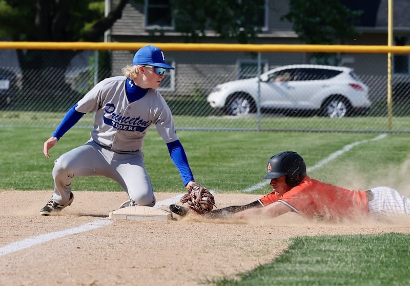 Princeton third baseman Nolan Kloepping puts the tag down against Kewanee in Monday's 5-2 regional quarterfinal loss at Prather Field.