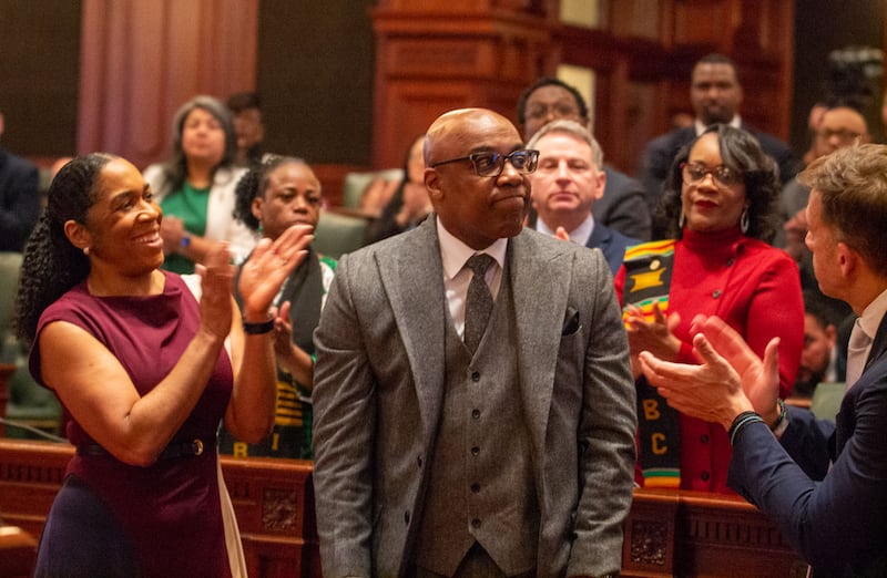 Illinois Attorney General Kwame Raoul receives a round of applause during the governor’s 2026 budget address in February for his efforts suing the Trump administration.