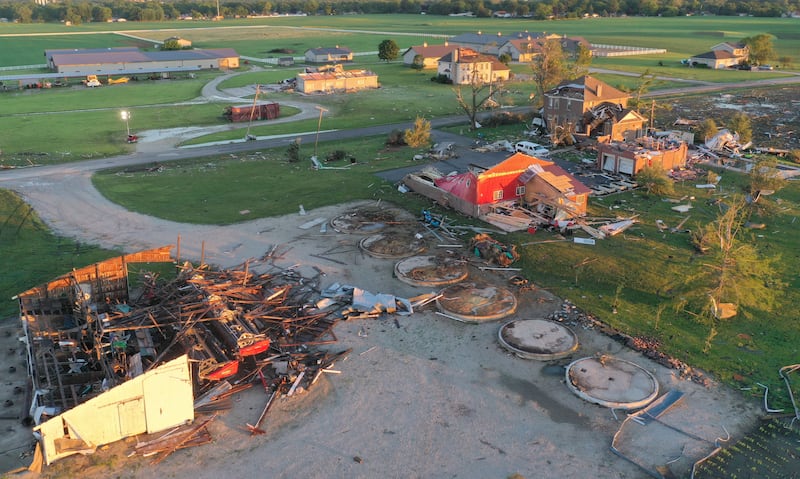 An aerial view of damaged homes in the 1300 block of North Airport Road on Thursday, June 11, 2026 in Streator.