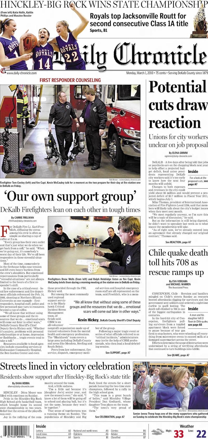 The cover of the Daily Chronicle for March 1, 2010