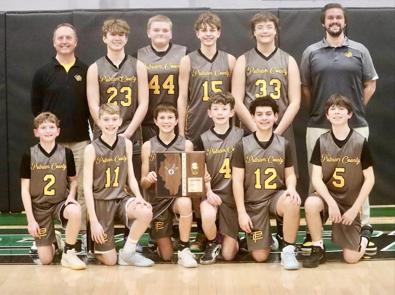 The Putnam County 8th grade boys basketball team is going back to state. The Pumas edged Serena 44-42 for the Wethersfield on Monday. PC also went to state in the 7th grade a year ago. Team members are (front row, from left) Davis Carlson, Calvin Fiedler, Hayden Doyle, Geoffrey Pagani and Camden Moriarty; (back row) assistant coach Brett Carlson, Luke Gabrielse, Brendan Linton, Nolan Weddell, Eli Pennell and coach TJ Askeland. Absent from photo Cayden Bush and Anthony Popurella.