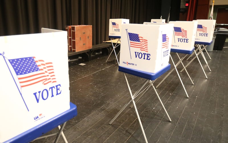 Empty voting booths are vacant on Tuesday, March 17, 2026 at Hall High School in Spring Valley.