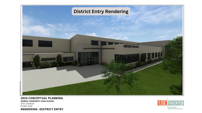 A rendering from the architect at Green and Associates for what the school's district office entrance will look like after the renovation and addition, though this is a very early rendering and could change.