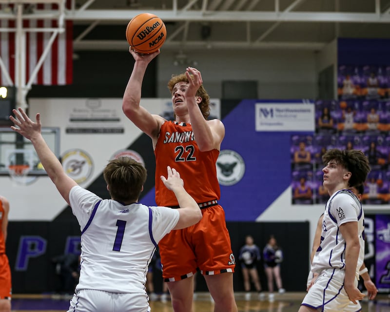 Sandwich's Dom Rome (22) puts up a shot during their basketball game between Sandwich at Plano. Jan 27, 2025 in Plano.