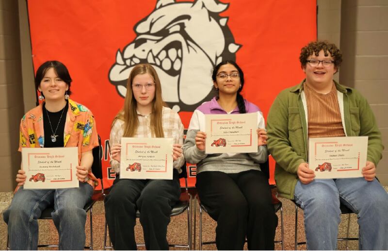 March 2025 students of the month at Streator High School are Destiny Krebsbach, Miryssa Ashlock, Julie Chaudhari and Palmer Phillis. They were honored at the Tuesday, March 18, 2025, board meeting. Not pictured are Jordy Sanchez, Thyberius Hallam, Alyssa Salisbury, Wyatt Smith and Elsa Sorensen.