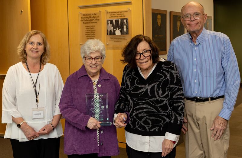 (Left to right); Kishwaukee College president Laurie Borowicz, Kathy Spears, Kathy Watkins, and Kishwaukee College board of trustees chair Bob Johnson