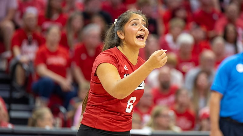 Nebraska libero Lexi Rodriguez talks to her teammates during a match against Texas A&M Corpus Christi in August 2024 in Lincoln, Neb. A four-year starter for the Cornhuskers, Sterling native Rodriguez is a veteran senior leader this season. (Photo courtesy of Nebraska Athletics)