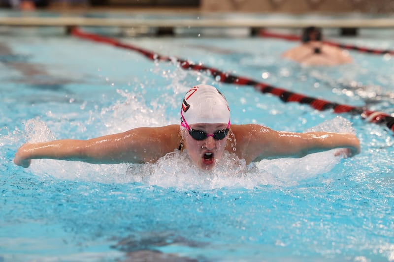 Bradley-Bourbonnais' Madeline Folk competes in the 100-yard butterfly during the Boilermakers' victory over Kankakee and Bishop McNamara in the All-City swim meet on Tuesday, Sept. 9, 2025.