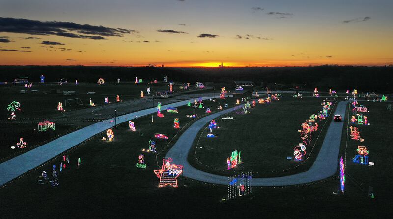 The sun sets over the Celebration of Lights display on Monday, Nov. 10, 2025 at Rotary Park in La Salle.