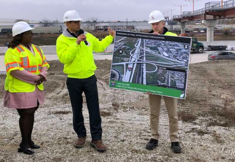 Illinois tollway Chief Engineer Manar Nashif, center, and other officials provided an update Monday on construction of I-490, which will stretch from Franklin Park to Des Plaines.