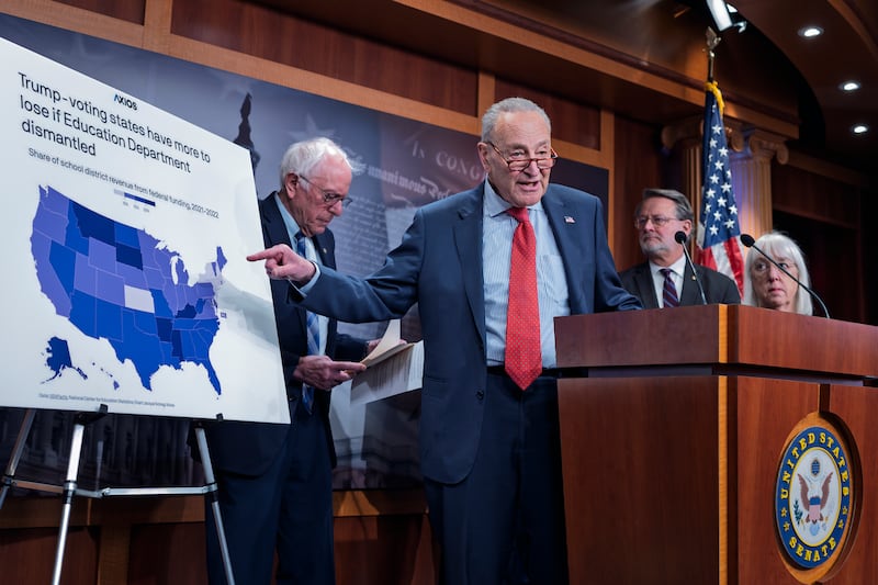 Senate Minority Leader Chuck Schumer, D-N.Y., and fellow Democrats, from left, Sen. Bernie Sanders, I-Vt., Sen. Gary Peters, D-Mich., and Sen. Patty Murray, D-Wash., criticize President Donald Trump for his plan to shut down the Education Department, during a news conference at the Capitol, in Washington, Thursday, March 6, 2025. (AP Photo/J. Scott Applewhite)