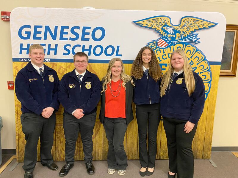 Four Forreston FFA members traveled to Geneseo High School on March 6  to compete in the district proficiency (Record Book) Competition. Pictured, left to right, are: Dausyn Heslop, Justin Myers, Kelley Parks (advisor), Kyla Lamm, and Emma Lenkaitis.