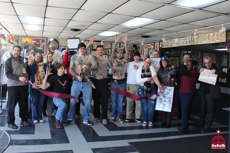 The DeKalb Chamber of Commerce celebrating the rebranding of Good One Tattoo
