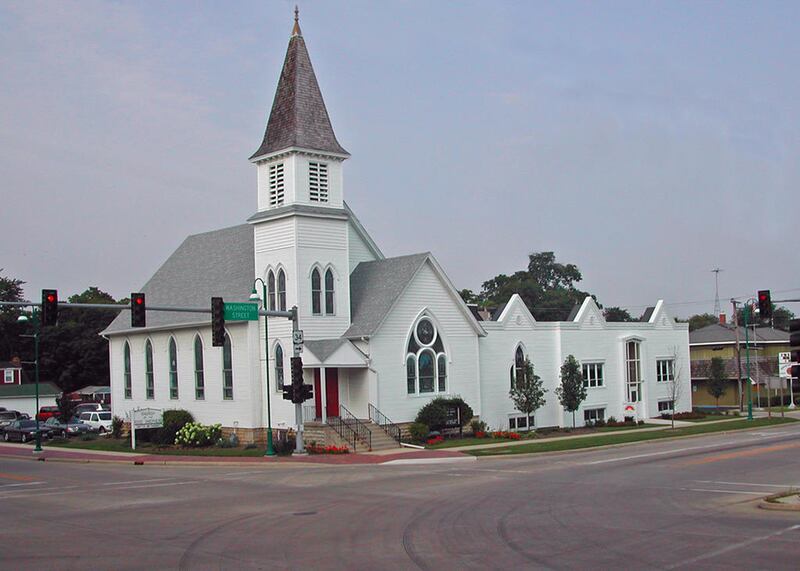 The Church of the Good Shepherd United Methodist as it appears today at the corner of Washington and Madison streets in downtown Oswego.
