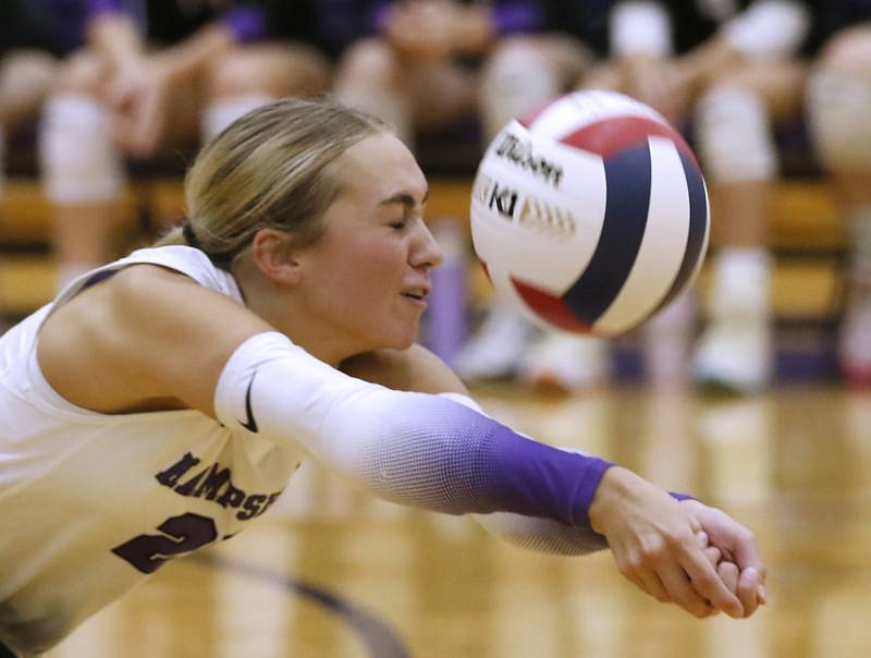 Hampshire's Peyton Wurtz tries to dig the ball during a Fox Valley Conference volleyball match against Crystal Lake Central on Tuesday, Sept. 24, 2024, at Hampshire High School.