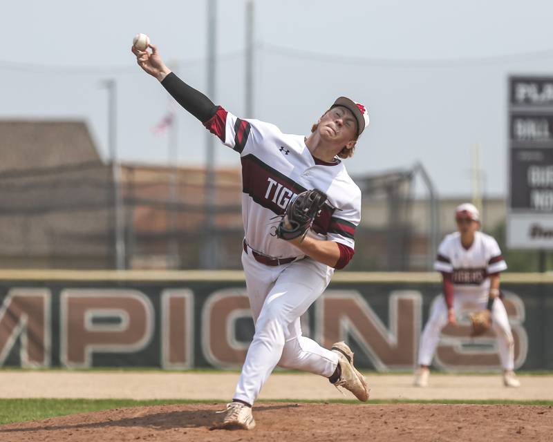 Plainfield North's Jackson Schlott (24) throws a pitch during Class 4A Plainfield North Regional final baseball game between Oswego at Plainfield North. Saturday, May 31, 2025 in Plainfield.
