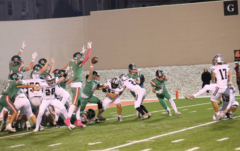 L-P's Nick Hachenberger (40) blocks a field goal against Kaneland on Friday, Oct. 17, 2025 at Howard Fellows Stadium.