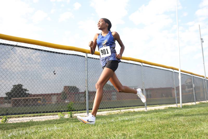 Joliet Central’s Madison King takes an early lead in the Joliet West Cross Country Dual Meet on Monday, Aug. 28, 2023 in Joliet.