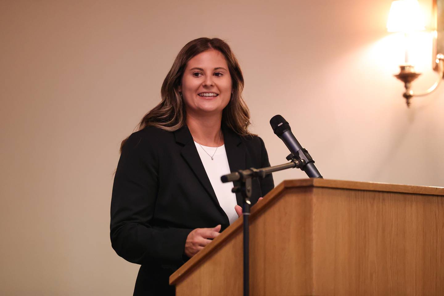 Kelsey Post, President and CEO of the Kankakee County Chamber of Commerce, speaks during the Kankakee County Chamber of Commerce's inaugural State of the Municipality event held at the Knights of Columbus in Kankakee Oct. 2, 2025.