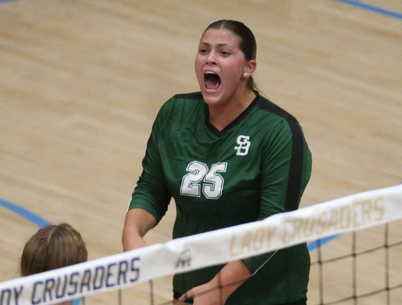 St. Bede's Ava Balestri reacts after scoring a point against Marquette on Thursday, Sept. 4, 2025 at Bader Gym.