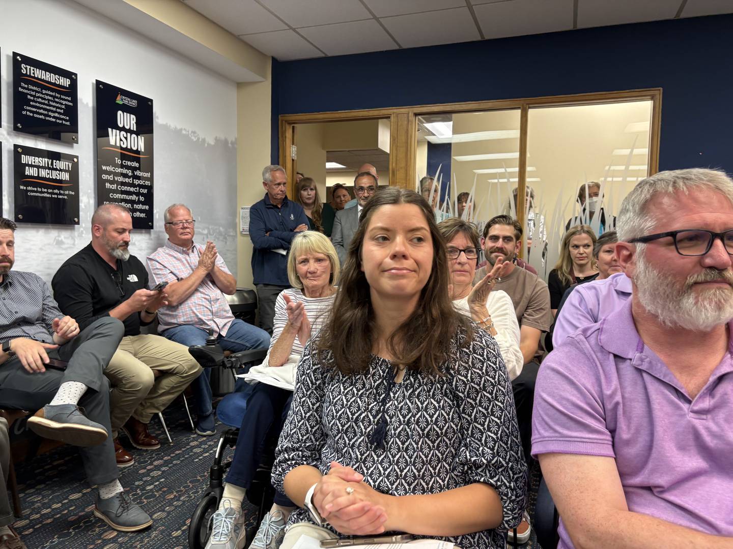 Crystal Lake residents listen during a park district board meeting June 5, 2025.