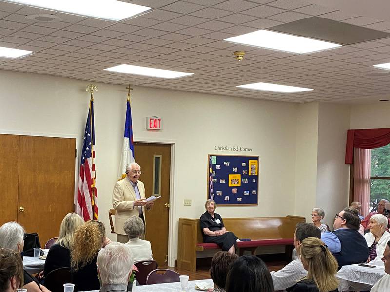 Arthur Hornsby speaks in front of members of the Grundy County Historical Society and Morris Rotary at the Historical Society's annual dinner Tuesday evening.
