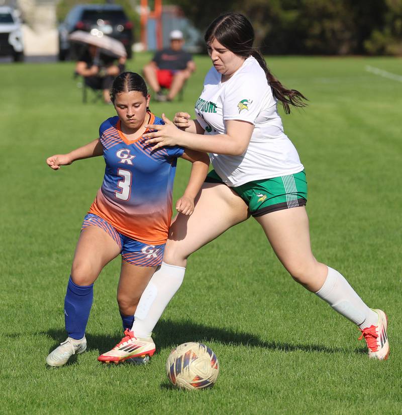 Genoa-Kingston's Ayva Hernandez tries to steal the ball Thursday, April 23, 2026, during their game against North Boone at Genoa-Kingston High School.