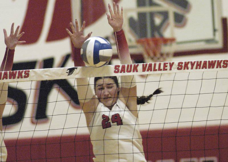 SVCC player Maggie Richetta blocks a shot. Sauk Valley College beat South Suburban College in three sets Wednesday, November 6, 2024 at Sauk Valley Community College.