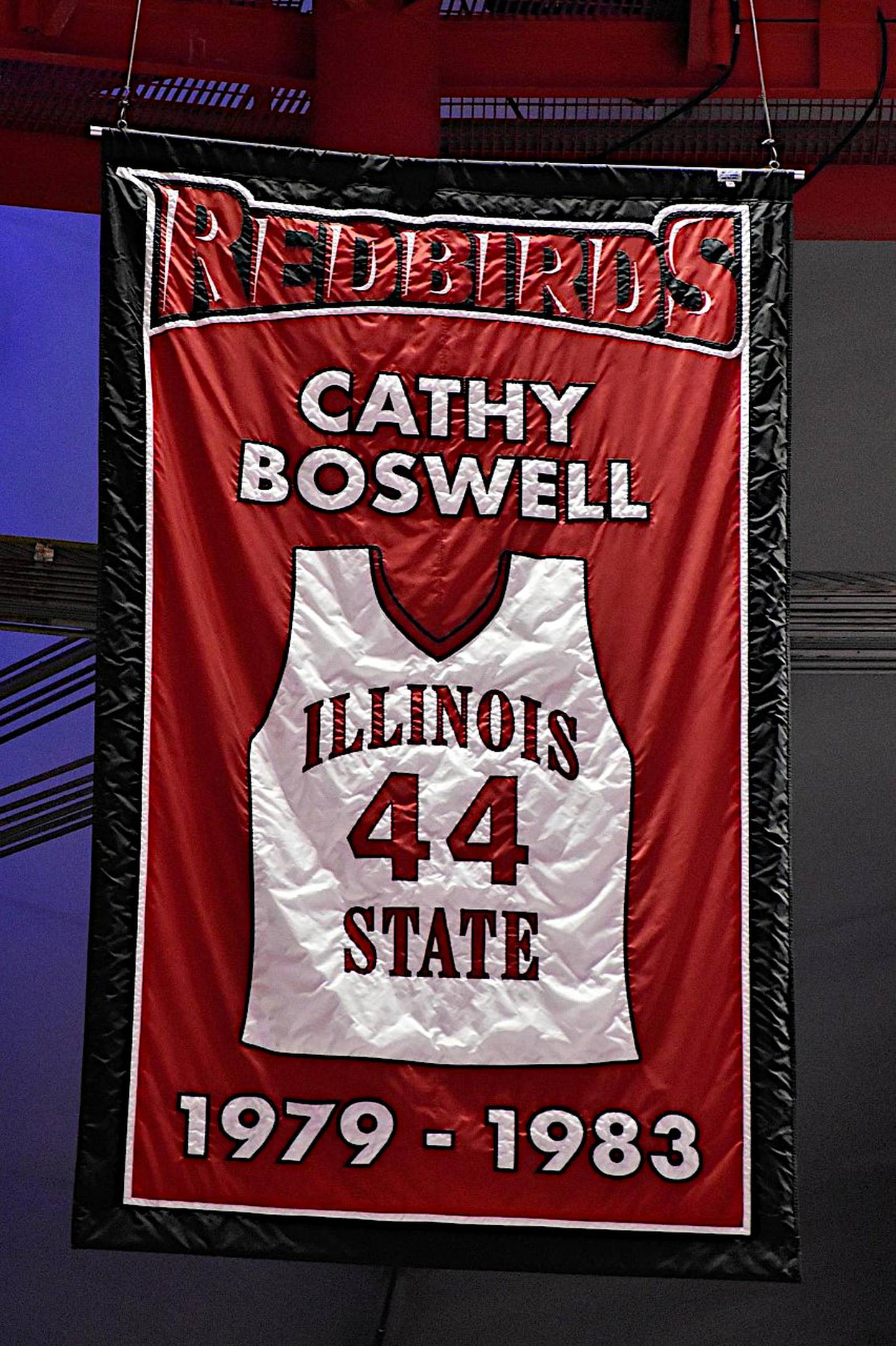 Joliet West graduate Cathy Boswell's jersey and retired number hangs in the rafters at Illinois State University's Redbird Arena.