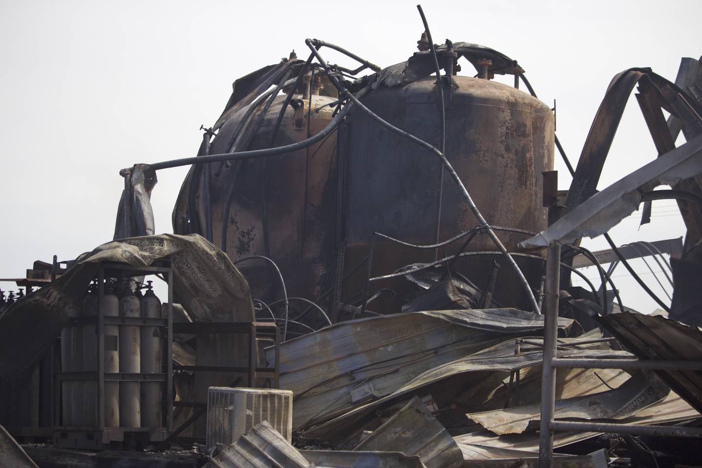The wreckage from of a fire on Monday, April 14, 2025, that destroyed a building at the site for Rovanco Piping Systems, 20535 SE Frontage Road, Joliet.
