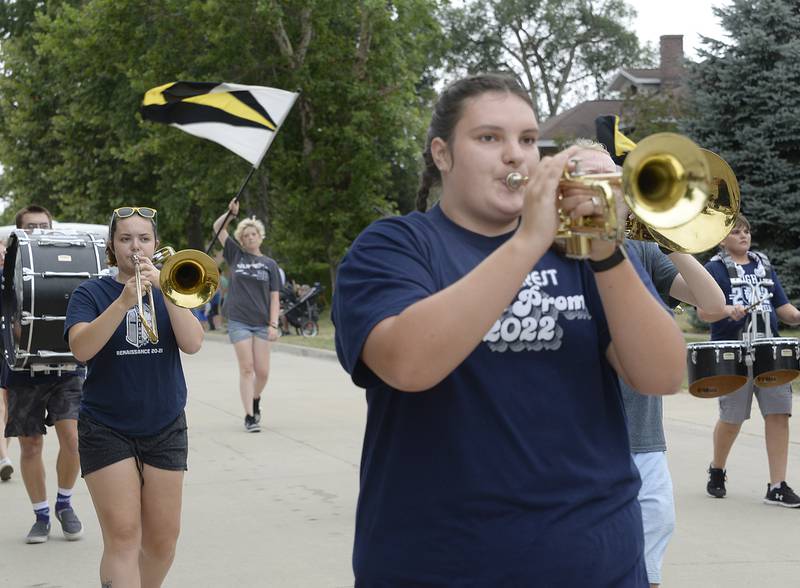 Members of the Fieldcrest High School band march down Walnut Street on Sunday, Aug. 14, 2022, during the Wenona Days parade.