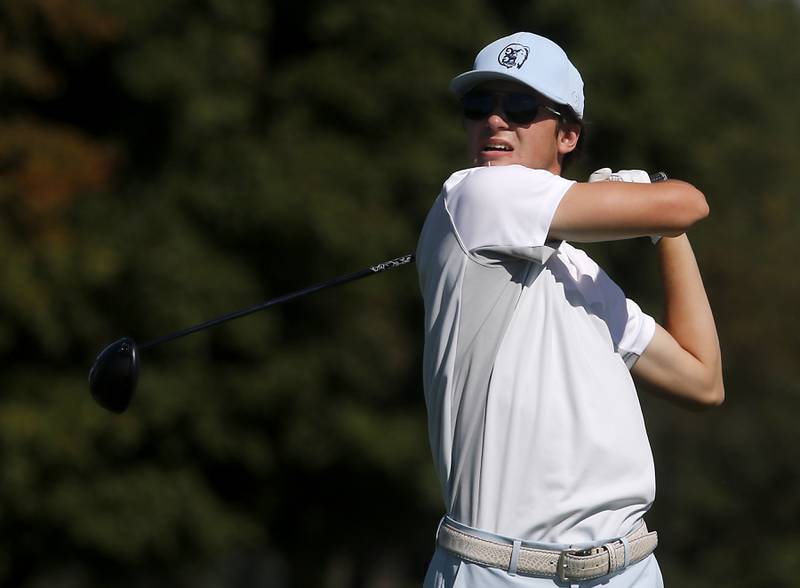 Jacobs’ Barrett Rennell watches his tee shot on the 10th hole during the Fox Valley Conference Boys Golf Tournament Wednesday, Sept. 25, 2024, at RedTail Golf Club in Lakewood.