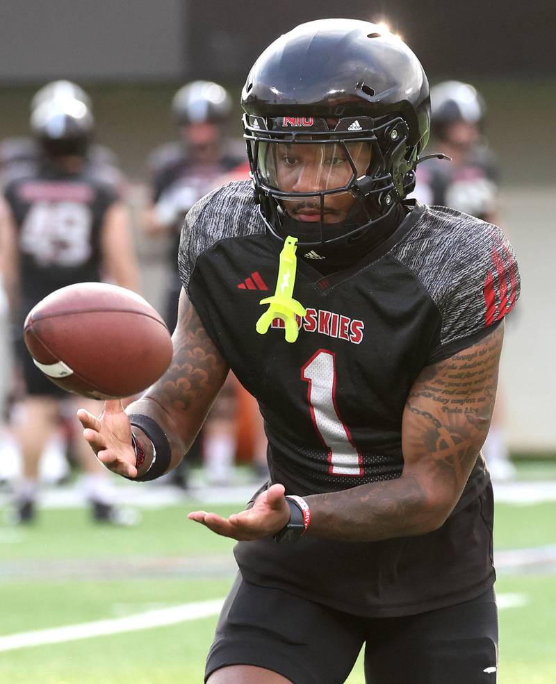 Northern Illinois University wide receiver DeAree Rogers makes a catch Tuesday, April 14, 2026, during a drill at spring practice in Huskie Stadium at NIU in DeKalb.