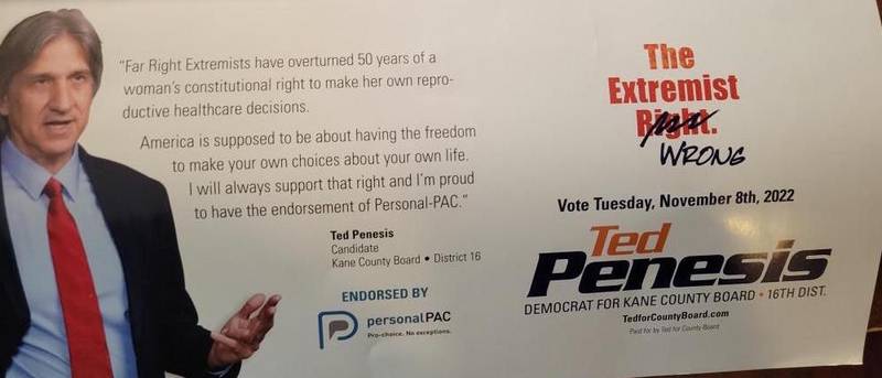 A campaign mail piece from Democrat Ted Penesis touts his support for abortion rights and his endorsement by Personal PAC, a pro-choice organization.