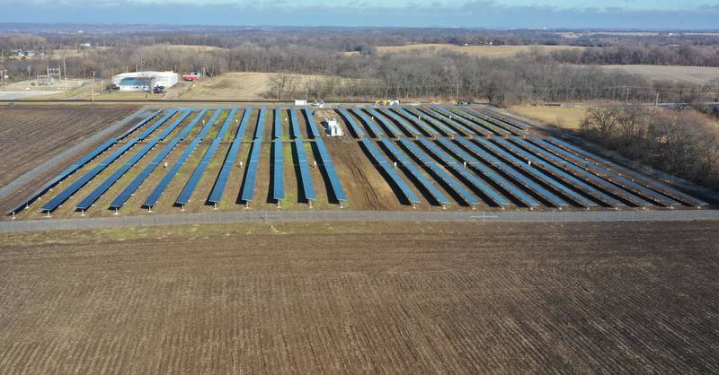 An aerial view of the solar farm located in the 9900 block of Illinois Route 71 on Friday, Jan. 9, 2026 in Granville.