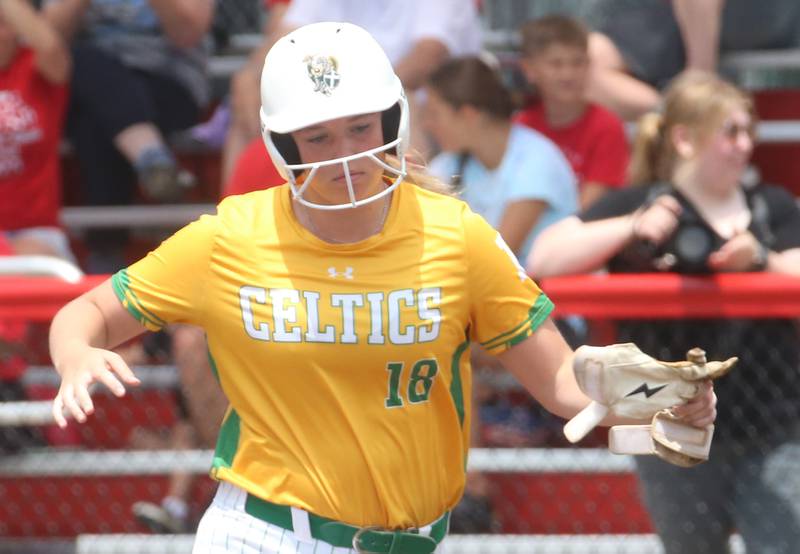 Providence Catholic's Olivia Vittori reacts after grounding into a double play against Chatham during the Class 3A State finals game on Saturday, June 14, 2025 at the Louisville Slugger Sports Complex in Peoria.