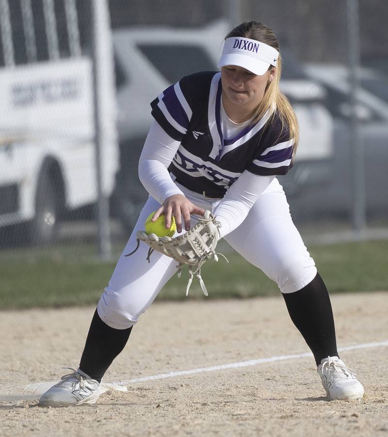 Dixon’s Abby Hicks fields a ball at third base against Sterling Tuesday, March 24, 2026.