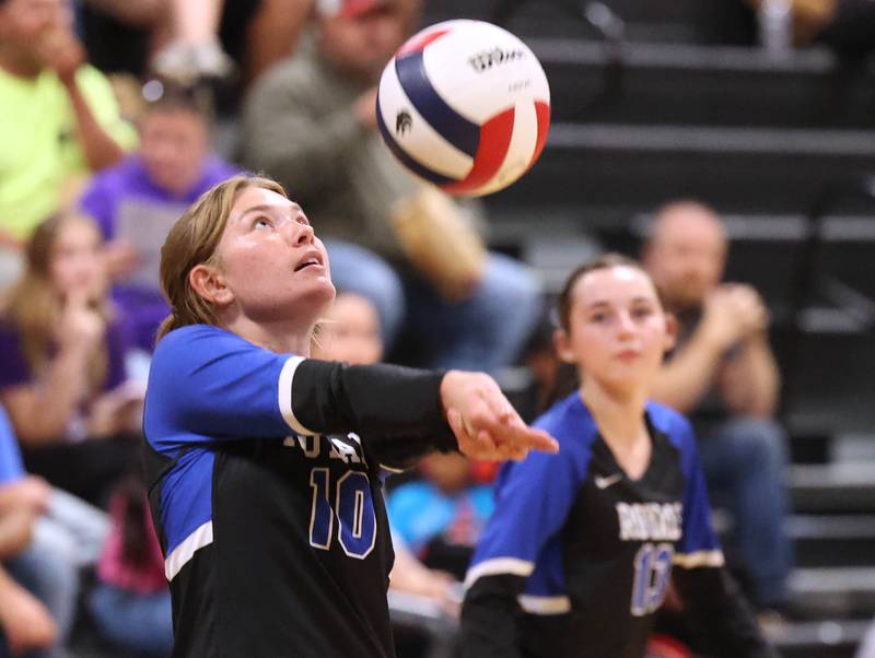 Hinckley-Big Rock's Cameron Michalski bumps a ball during their match against Indian Creek Tuesday, Sept. 9, 2025, at Indian Creek High School in Shabbona.