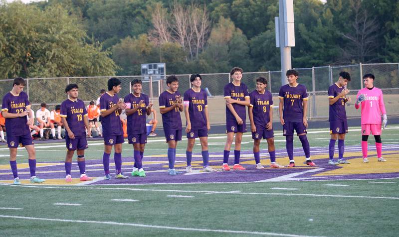 Members of the Mendota boys soccer team are announced before the game against Kewannee during the Three Rivers Tournament on Thursday, Oct. 2, 2025 at Mendota High School.