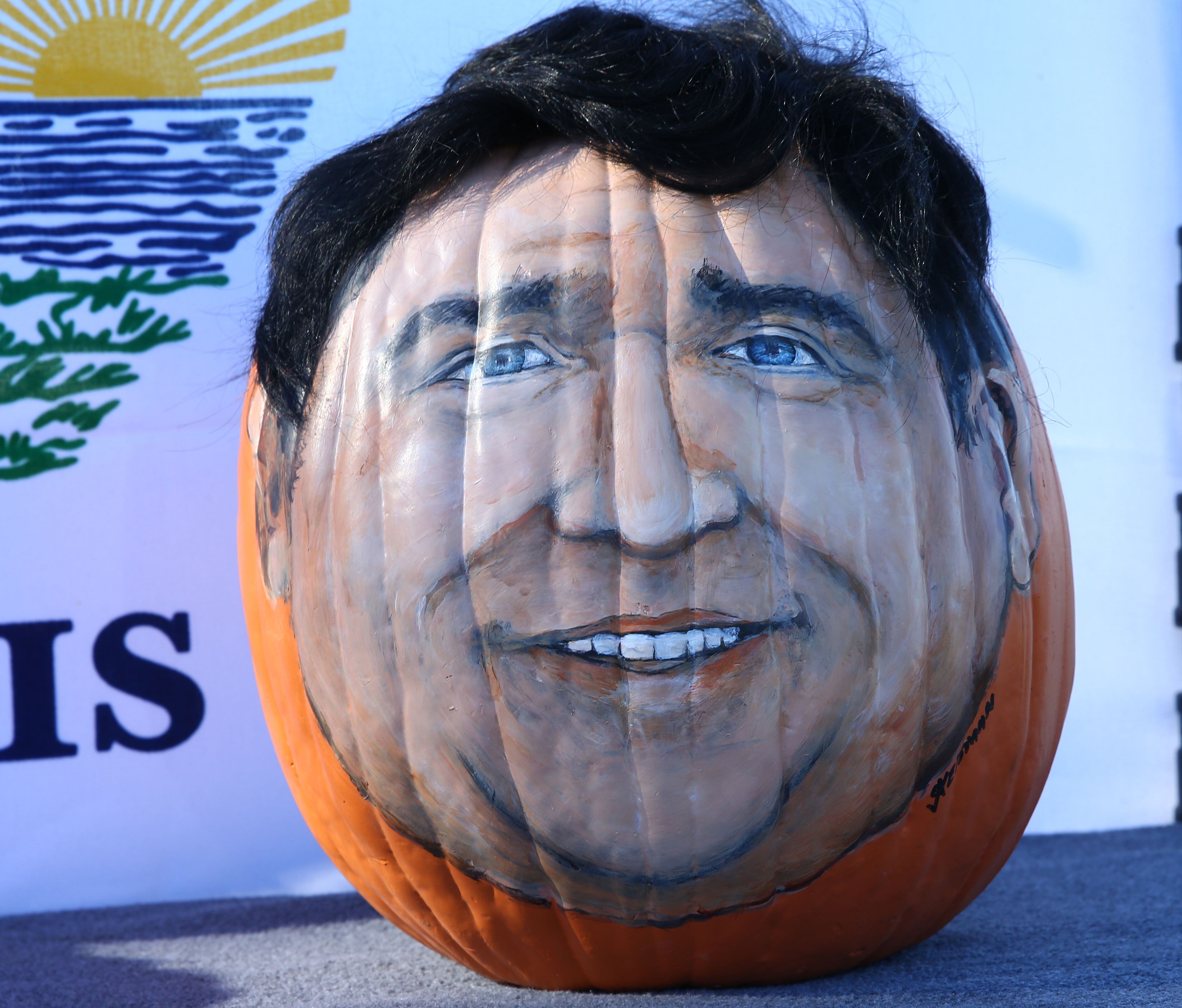 A close-up view of Gov. JB Pritzker's face on a pumpkin on Wednesday, Sept. 28, 2022, at Allen Park in Ottawa.